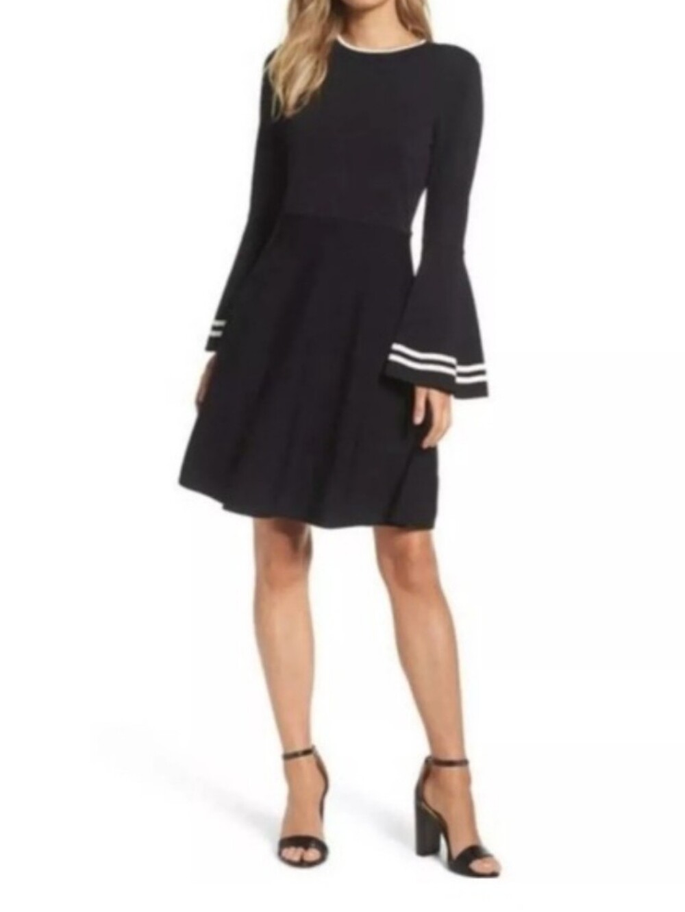 Eliza J Black Fit-and-Flare Heavy Knit Dress w/ Dramatic Bell Sleeves Size M
